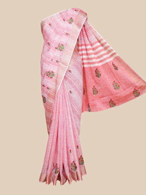 

The Chennai Silks Off White & Pink Floral Embroidered Linen Blend Fusion Saree