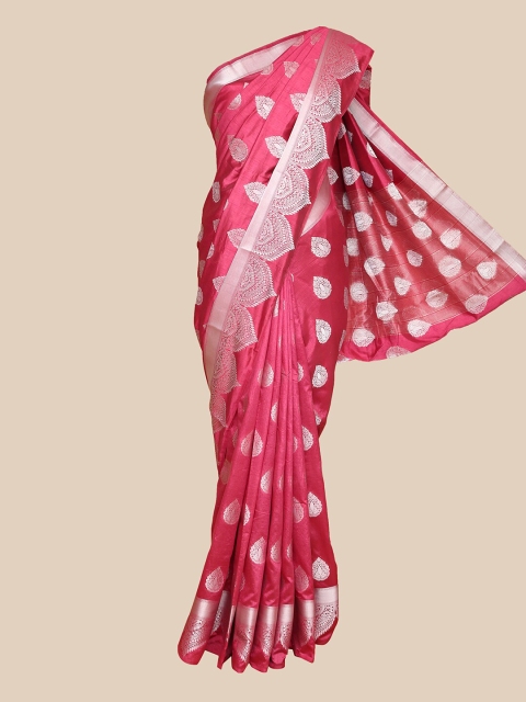 

The Chennai Silks Pink & Silver-Coloured Ethnic Motifs Zari Woven Design Saree