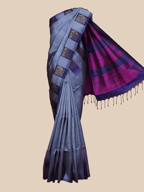 

The Chennai Silks Grey & Blue Floral Zari Pure Silk Kanjeevaram Saree