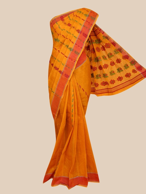 

The Chennai Silks Mustard & Maroon Ethnic Motifs Pure Cotton Taant Saree