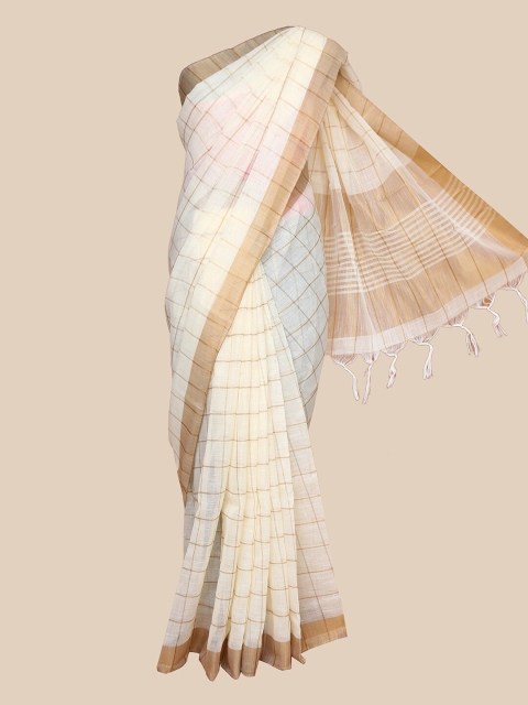 

The Chennai Silks Off White & Gold-Toned Checked Linen Blend Fusion Saree