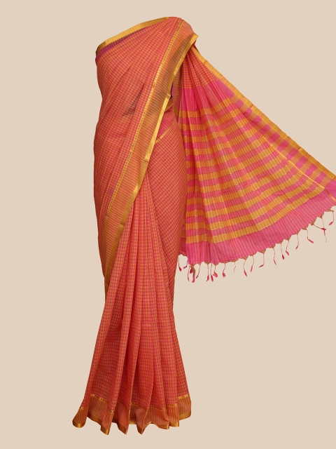 

The Chennai Silks Pink & Mustard Checked Zari Pure Cotton Fusion Mangalagiri Saree