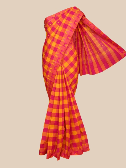 

The Chennai Silks Pink & Yellow Checked Pure Cotton Fusion Chettinad Saree