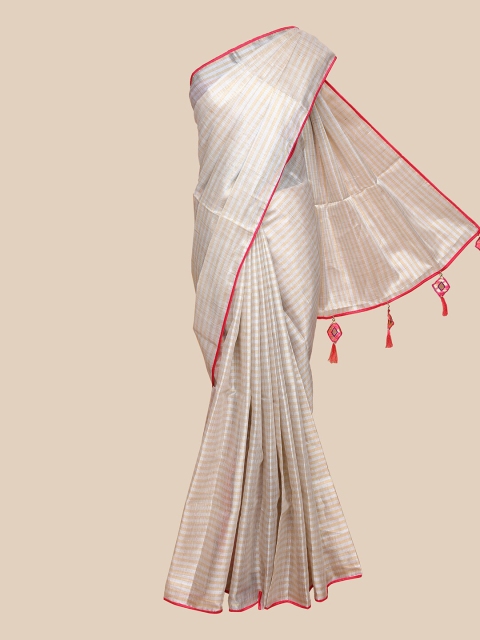 

The Chennai Silks Silver-Toned & Gold-Toned Striped Zari Tissue Fusion Banarasi Saree