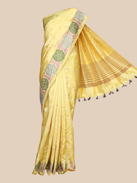 

The Chennai Silks Yellow & Green Ethnic Motifs Embroidered Zari Saree