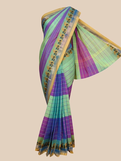 

The Chennai Silks Green & Purple Striped Pure Cotton Chettinad Saree