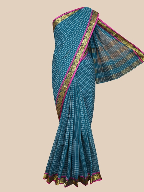 

The Chennai Silks Teal Blue & Gold-Toned Checked Pure Cotton Saree