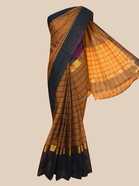 

The Chennai Silks Mustard & Navy Blue Striped Zari Pure Cotton Fusion Chettinad Saree