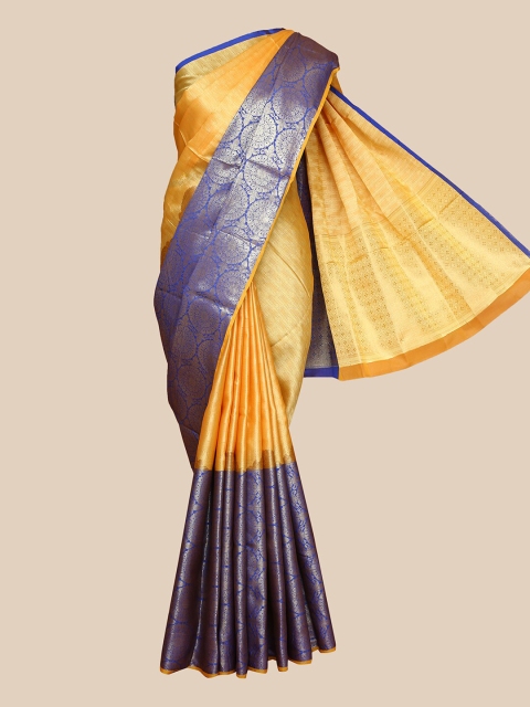 

The Chennai Silks Mustard Yellow & Blue Ethnic Motifs Zari Woven Design Silk Blend Saree