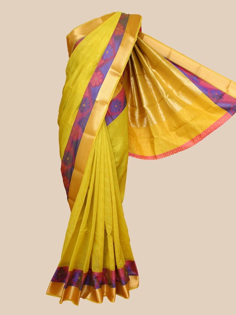 

The Chennai Silks Yellow & Purple Floral Silk Cotton Maheshwari Saree