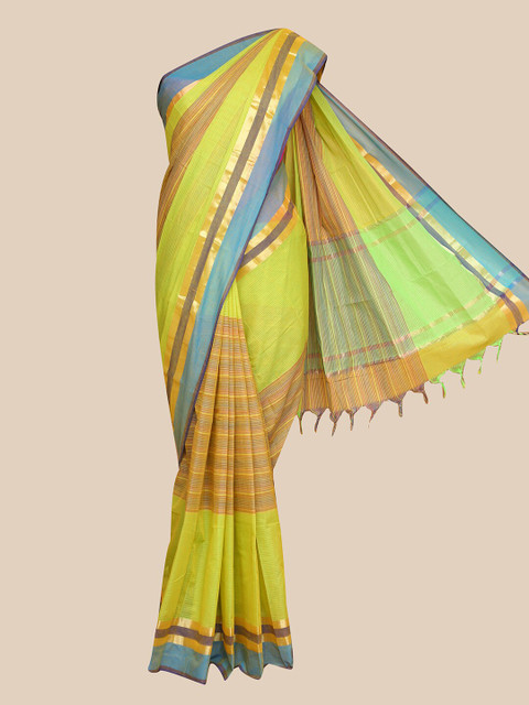 

The Chennai Silks Green & Gold-Toned Striped Pure Cotton Fusion Saree