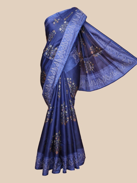 

The Chennai Silks Navy Blue & White Floral Embroidered Border Satin Saree