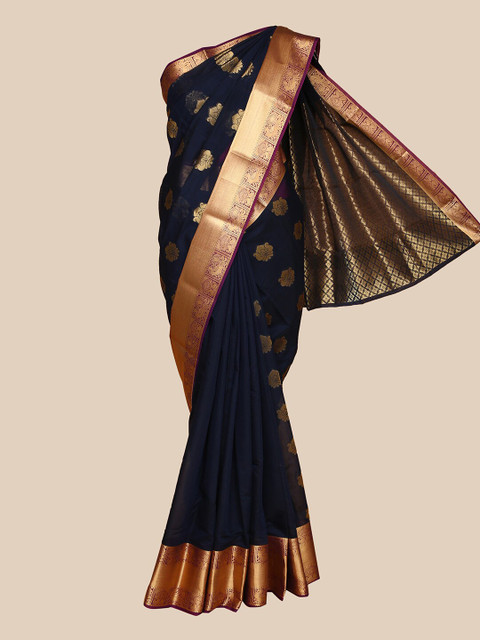 

The Chennai Silks Navy Blue & Gold-Toned Silk Cotton Fusion Maheshwari Saree