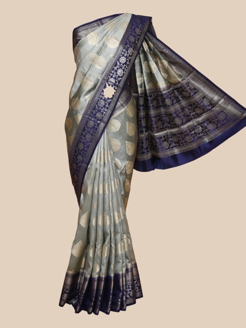 

The Chennai Silks Grey & Blue Ethnic Motifs Silk Blend Tussar Saree