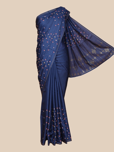 

The Chennai Silks Navy Blue & Pink Embellished Beads and Stones Fusion Saree