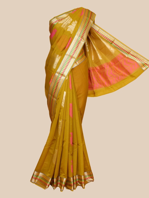 

The Chennai Silks Mustard & Gold-Toned Floral Silk Cotton Fusion Maheshwari Saree