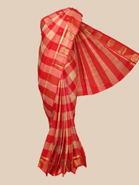 

The Chennai Silks Red & Beige Checked Pure Cotton Fusion Chettinad Saree