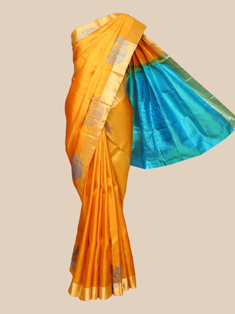 

The Chennai Silks Mustard & Blue Ethnic Motifs Zari Handloom Pure Silk Kanjeevaram Saree