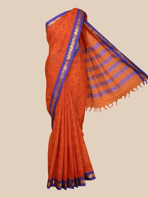 

The Chennai Silks Rust & Blue Bandhani Printed Zari Pure Cotton Saree
