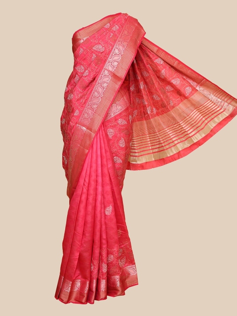 

The Chennai Silks Red & Silver-Coloured Floral Embroidered Dupion Saree