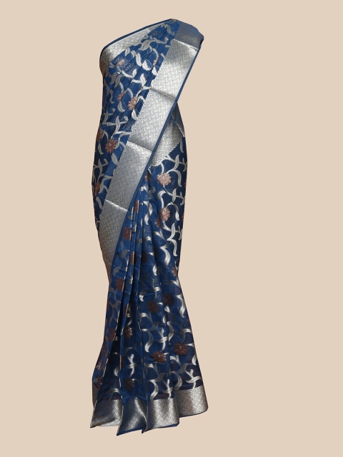 

The Chennai Silks Navy Blue & Silver-Toned Floral Organza Banarasi Saree