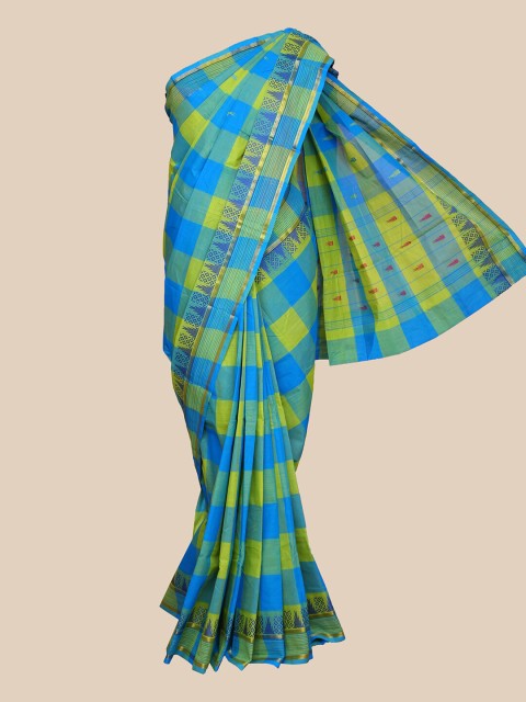 

The Chennai Silks Blue & Green Checked Zari Pure Cotton Chettinad Saree