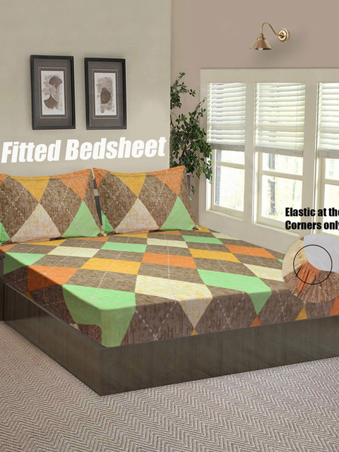 

Good Homes by Home Candy Brown & Green Geometric 144 TC Queen Bedsheet with 2 Pillow Covers