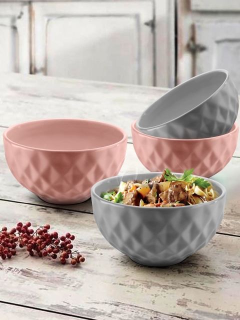 

URBAN CHEF Set Of 4 Prism Textured Ceramic Handcrafted Serving Bowls, Peach