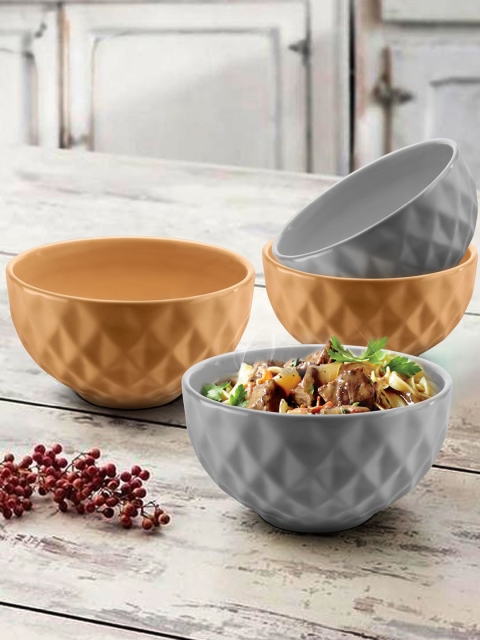 

URBAN CHEF Set Of 4 Textured Prism Ceramic Handcrafted Serving Bowls, Grey