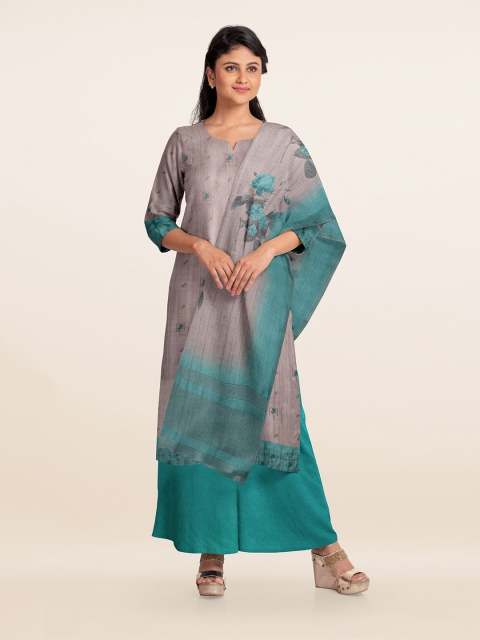 

Pothys Grey & Sea Green Embroidered Unstitched Dress Material