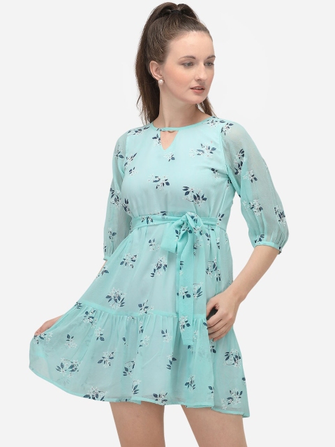 

Mesmora Turquoise Blue Floral Crepe Mini Dress