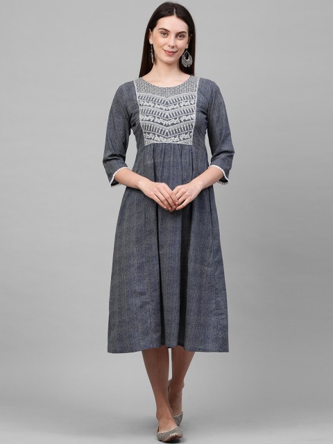 

FASHOR Women Navy Blue Ethnic Motifs Embroidered Thread Work Kurta