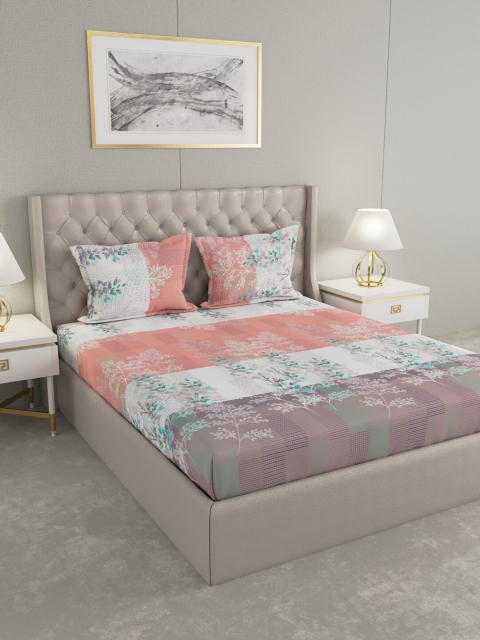 

Raymond Home White & Peach-Coloured Floral 200 TC King Bedsheet with 2 Pillow Covers