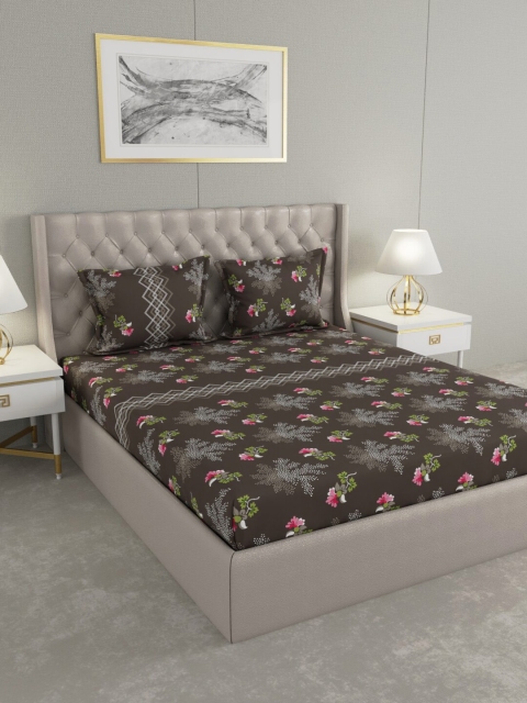 

Raymond Home Brown & Pink Floral 200 TC King Bedsheet with 2 Pillow Covers