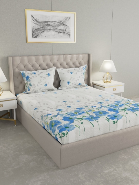 

Raymond Home White & Blue Floral 200 TC King Bedsheet with 2 Pillow Covers