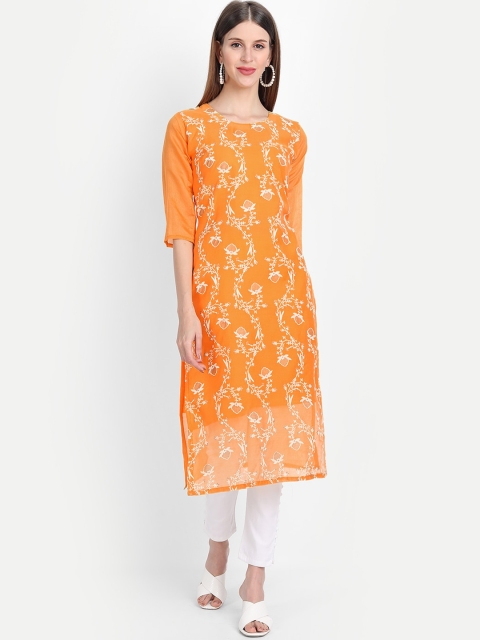

7Threads Women Orange Ethnic Motifs Printed Chanderi Silk Chanderi Silk Kurta