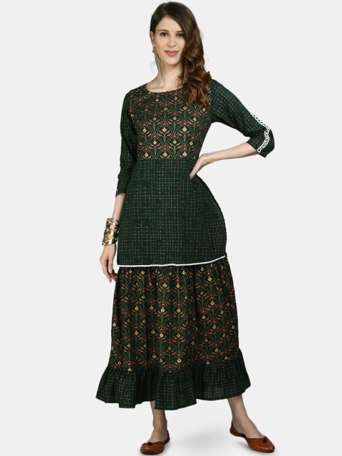

Myshka Women Green Ethnic Motifs Printed Kurta with Skirt