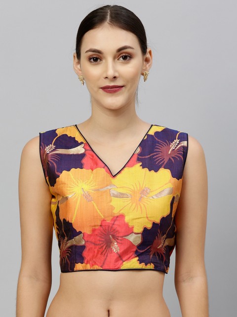

Amrutam Fab Women Purple & Yellow Printed Raw Silk Saree Blouse
