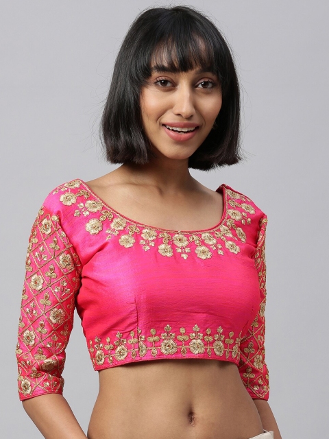 

Amrutam Fab Women Pink & Gold-Coloured Embroidered Raw Phantom Silk Saree Blouse