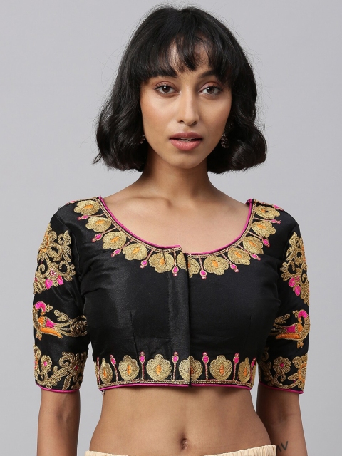 

Amrutam Fab Women Black & Gold-Coloured Embroidered Saree Blouse