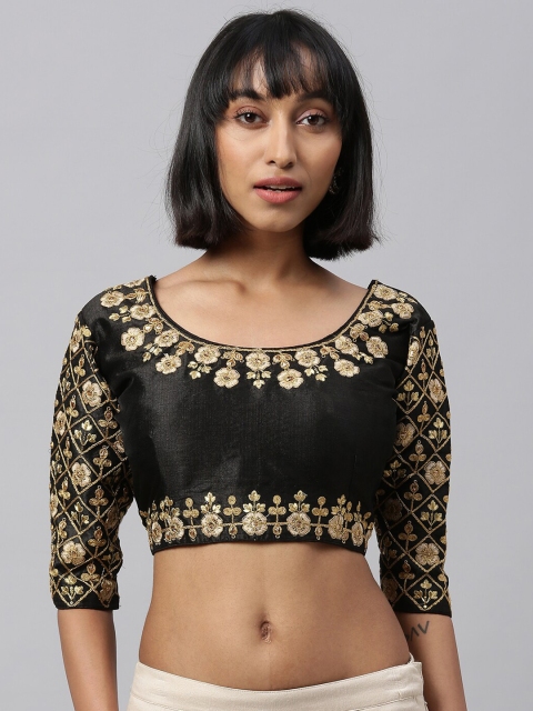 

Amrutam Fab Women Black & Gold-Coloured Embroidered Phantom Silk Saree Blouse