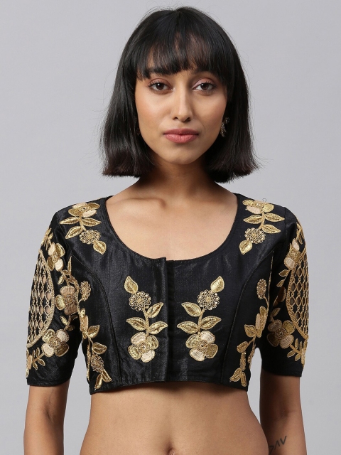

Amrutam Fab Women Black & Gold-Coloured Embroidered Saree Blouse