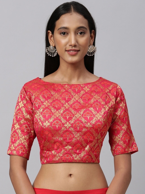 

Amrutam Fab Women Red & Gold-Toned Woven Design Jacquard Saree Blouse