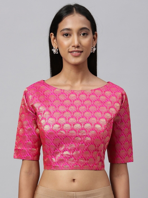 

Amrutam Fab Women Pink & Gold-Toned Woven Design Jacquard Saree Blouse