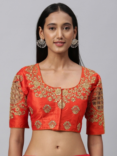 

Amrutam Fab Women Orange & Gold-Coloured Embroidered Saree Blouse