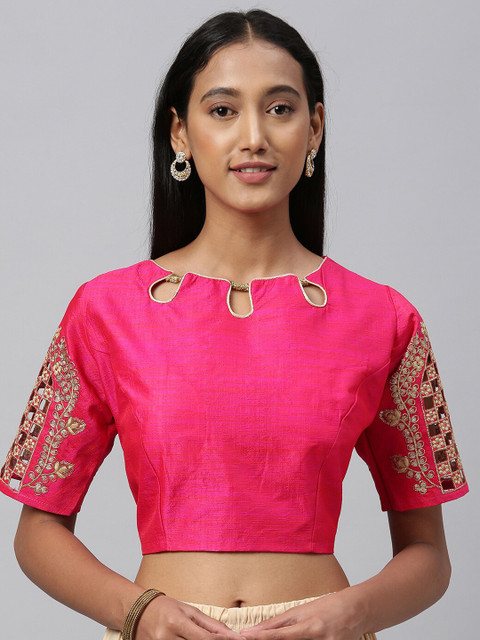

Amrutam Fab Pink & Gold-Coloured Embroidered Raw Saree Blouse