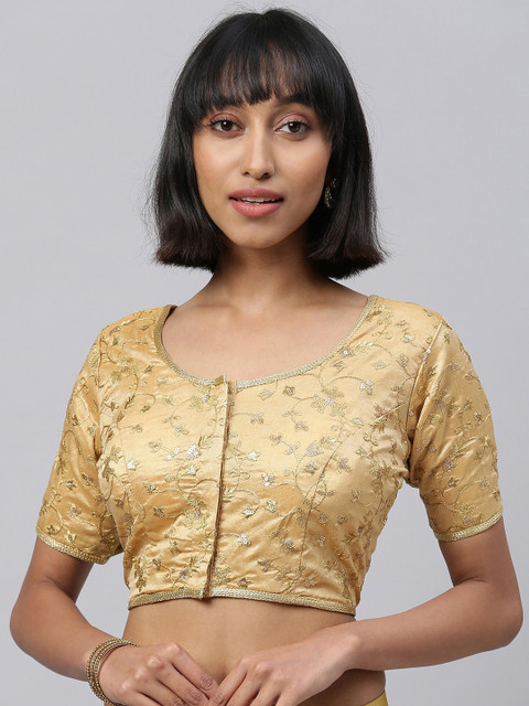 

Amrutam Fab Women Beige & Gold-Coloured Embroidered Jacquard Saree Blouse