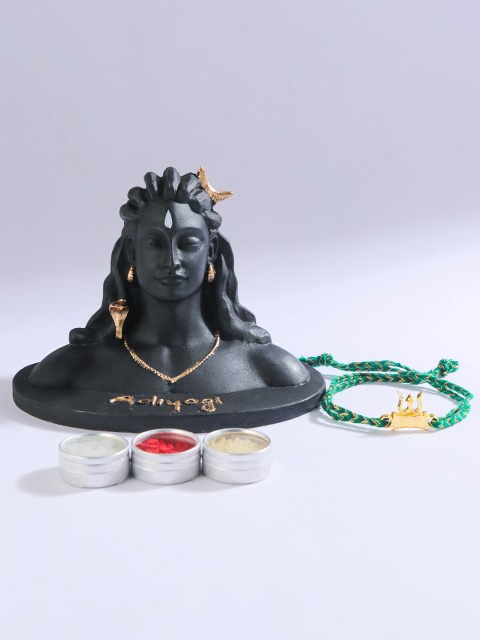 

Bigsmall Men Gold-Toned & Green Shiva Rakhi Gift Set, Black