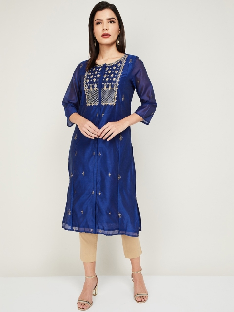 

Melange by Lifestyle Women Blue & Beige Embroidered Kurti with Trousers