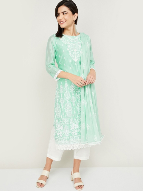 

Melange by Lifestyle Women Green & White Floral Embroidered Kurta With Trousers & Dupatta